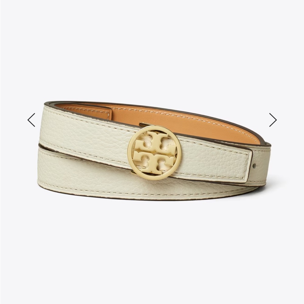 Tory Burch Ivory Leather reversible Belt with Gold Logo Buckle